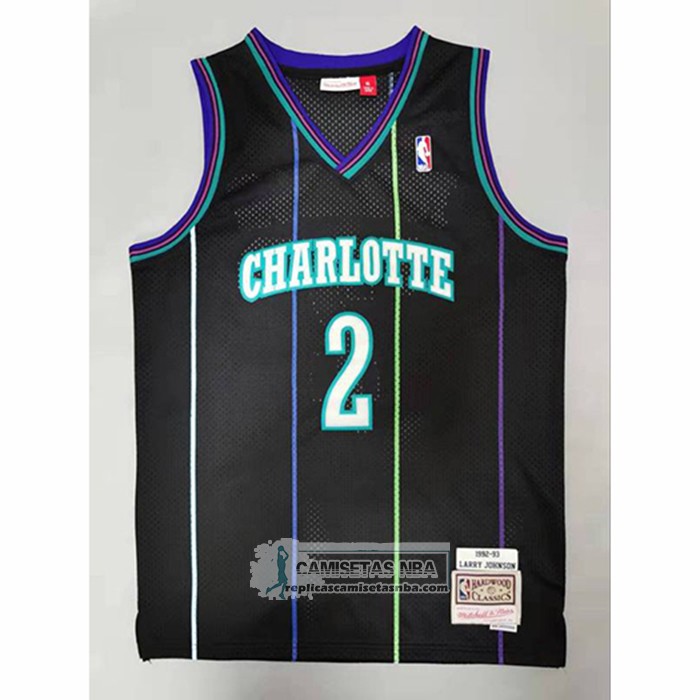 Camiseta Charlotte Hornets Larry Johnson NO 2 Mitchell & Ness 1992-93 Negro